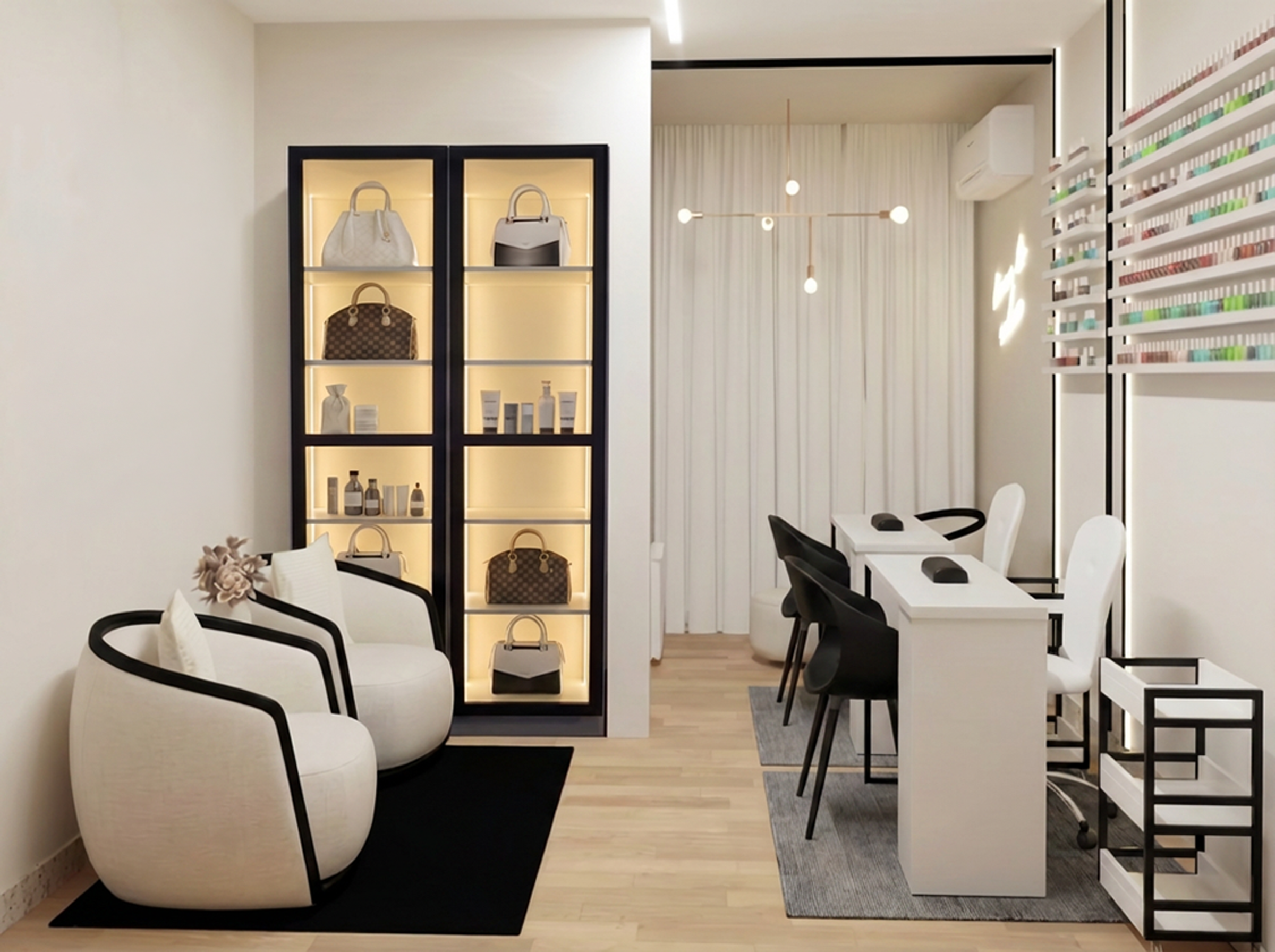 Illuminated display cabinet in nail salon